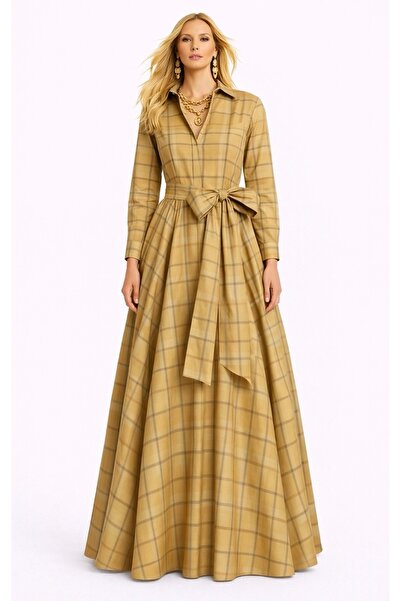 MERT ERKAN فستان قميص طويل من التفتا منقوش باللون البيج