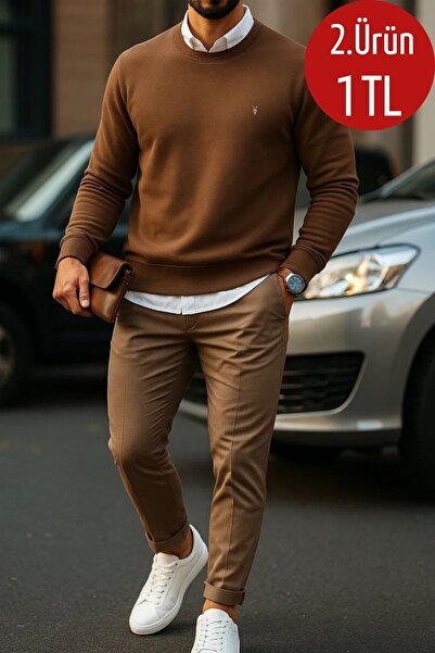 COMBİNE MİCHAİL Erkek Basic Bisiklet Yaka Kahve Sweatshirt