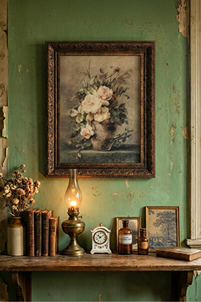 epiqart Vazoda Çalı Gülleriyle Natürmort - Vintage Desenli Çerçeve