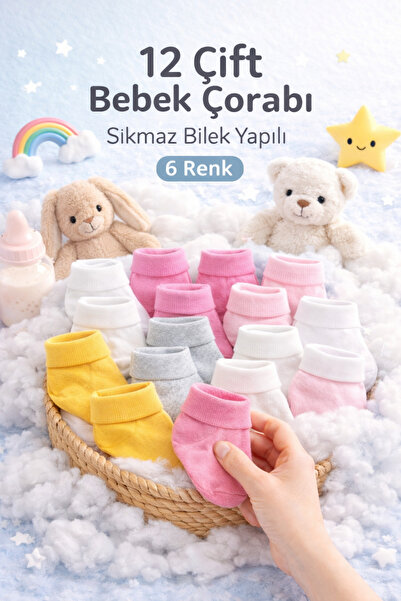 baby socks 12 Çift Çok Renkli Pamuklu Sıkmaz Bilekli Kız Bebek Çorabı 0-6 Ay