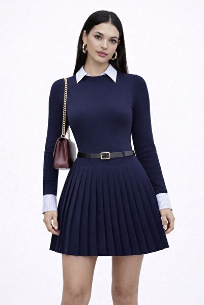 SHEBARA Pliseed Belted Collar Sleeve Detail Dress