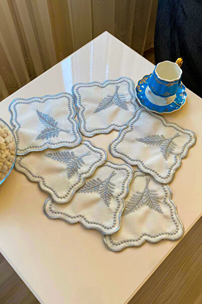 NAKIŞHAN Yaprak Desen Özel Nakışlı Keten Kahve Sunumluk Peçetesi-Gümüş 6-Adet