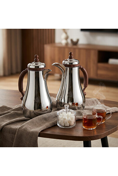 aljahwari طقم ترامس الشاي والقهوة 2حبة كروم مطفي مع خشبي AB-54395