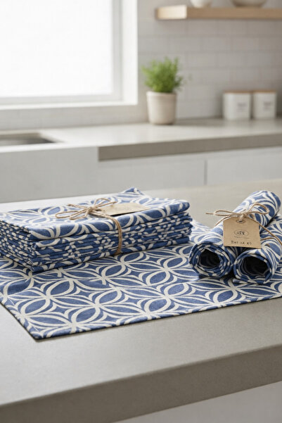 Rona Home طقم مفارش طاولة طعام من القطن بنمط هندسي باللونين الأزرق والأبيض مك...