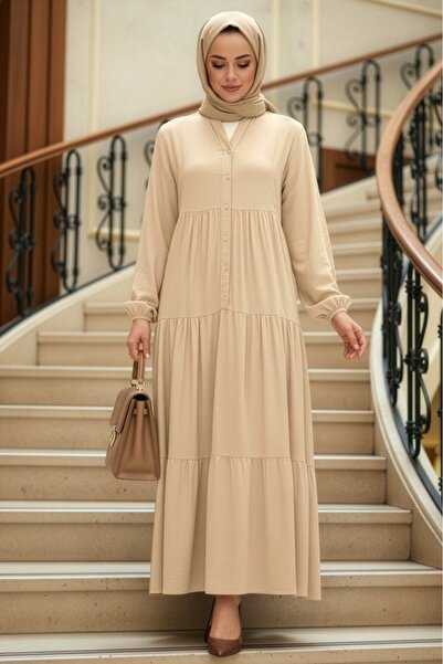 Neva Style فستان حجاب بيج مطوي - 20612BEIGE