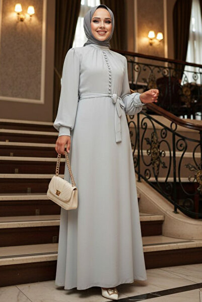 Neva Style Rochie Hijab Gri cu Detaliu Nasturi 2703GR