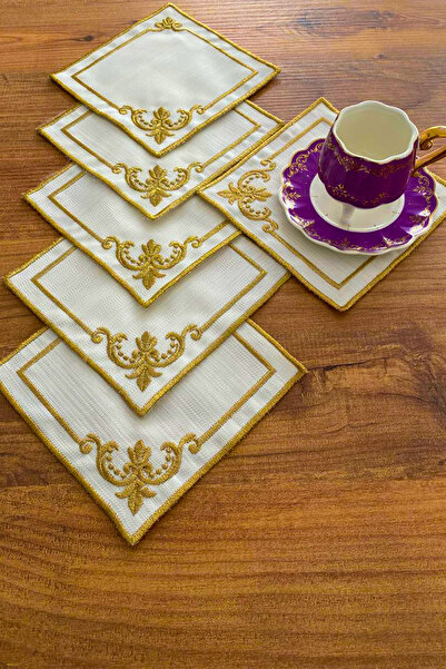 NAKIŞHAN Laleli Özel Nakışlı Keten Kahve Sunumluk Peçetesi-Gold 6-Adet