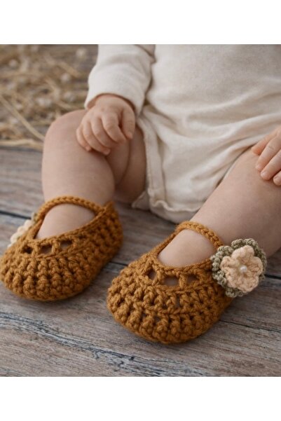 seraskids El Örgüsü Vintage Çiçekli Kahverengi Yumuşsk Bebek Patik