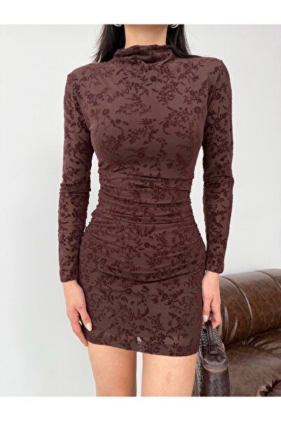 DAME Kadın Yarım Balıkçı Yaka Drapeli Flok Baskılı Astarlı Mini Elbise