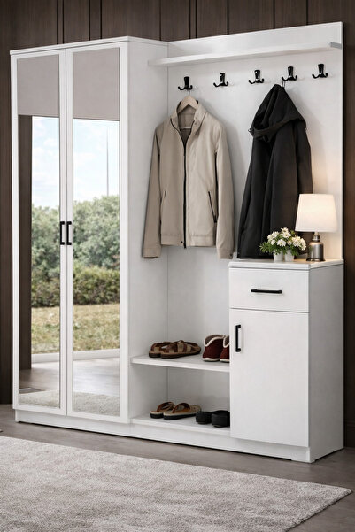 Moderniya Mobilya Flora 2 (İKİ) Kapılı Beyaz Aynalı Elbise Askılığı Kapaklı V...