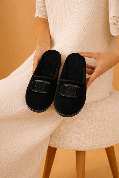 AGACE Tüylü Tokalı Önü Kapalı Bohçalık Çeyizlik Kadın Kışlık Ev Terliği