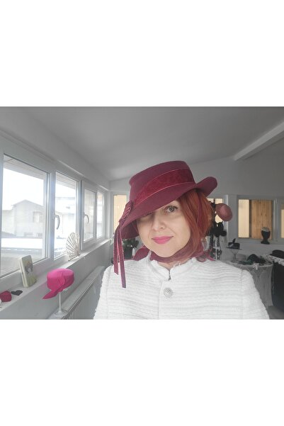 Miss Hat Pălărie Elegantă cu Boruri Largi din Fetru Bordeaux și Fundă din Cat...