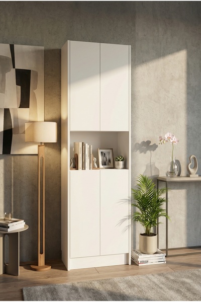 YETİ MOBİLYA Flat56 Kitaplık 4 Kapaklı Kütüphane Çok Amaçlı Dolap Beyaz