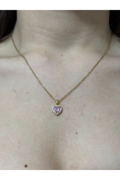 AXXION Çelik Kalp Kırmızı Taşlı Kolye