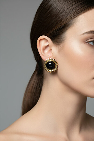 BHR AKSESUAR Gold Black Sun Earrings (4 cm)