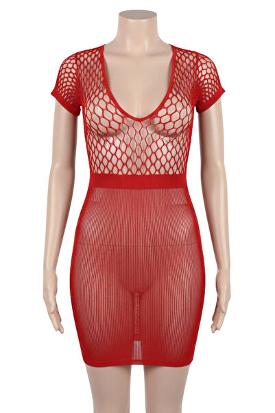 Lingerie and Fashion Style Red Crotchet Mesh Hollow-out Mini Chemise Dress