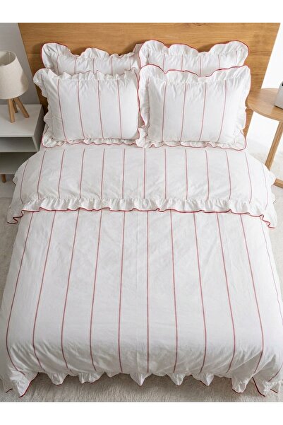 BESTİNA GOLD Tek Single Duvet Cover Set 100% Cotton Ornamental Overlock Ruffled