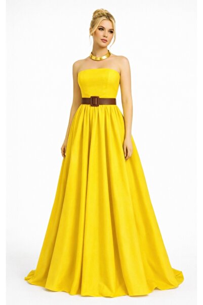UNTIMELY Kuşaklı Sarı Straplez Maxi Tafta Elbise (36 BEDEN)