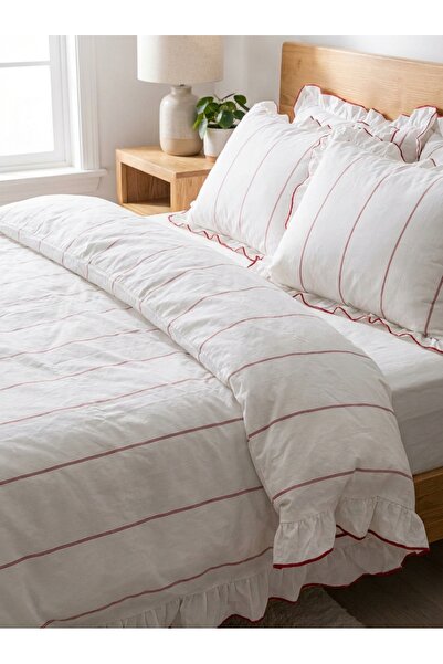 BESTİNA GOLD Tek Single Duvet Cover Set 100% Cotton Ornamental Overlock Ruffled