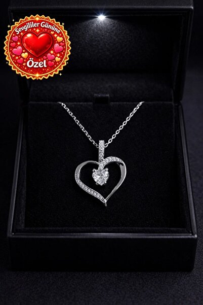 Siset Gümüş 925 Ayar GERÇEK GÜMÜŞ SERTİFİKALI Işıklı Kutuda Tek Taşlı Kalp Gü...