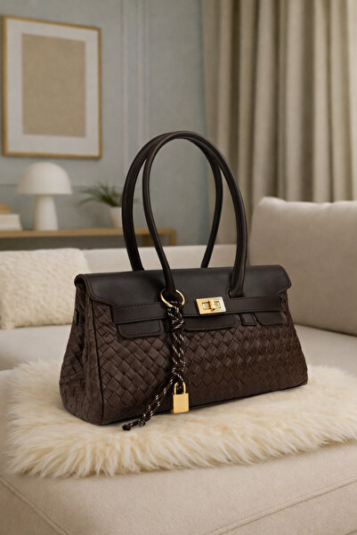 NOTHING Geantă de mână și de umăr pentru femei, din piele împletită maro, cu ...