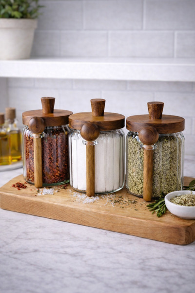 Paşabahçe 3'lü 450 ml Akasya Kapaklı Kaşıklı Cam Kavanoz Seti - Vakumlu Bahar...