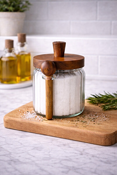 Kezze 1 Adet 450 ml Kaşıklı Vakumlu Cam Kavanoz - Akasya Kapaklı Premium Sakl...