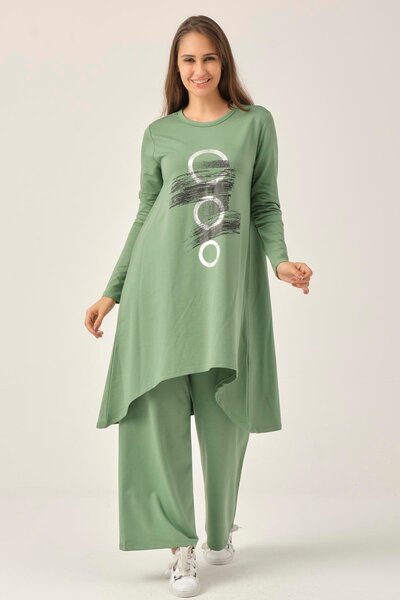 Darlin Moda Women's Green Printed Tunic Pants Double Set Dm51021