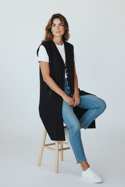 ECE GİYİM KADIN ÖNÜ ÜÇ DÜĞMELİ CEPLİ JAKARLI YAZLIK UZUN YELEK-EZM3