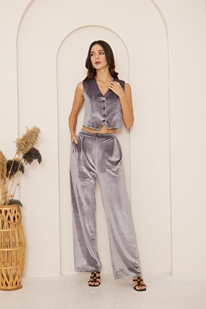 Darlin Moda بنطلون نسائي مخملي عالي الخصر واسع الساق من أنثراسايت DM3002