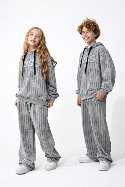 HayKids Παιδικό Γκρι Ριγέ Unisex Σετ φόρμας με κουκούλα και παντελόνι