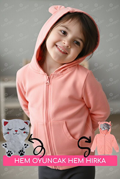 bebegen Cardigan unisex cu glugă și fermoar, cu pisică de pluș, gri