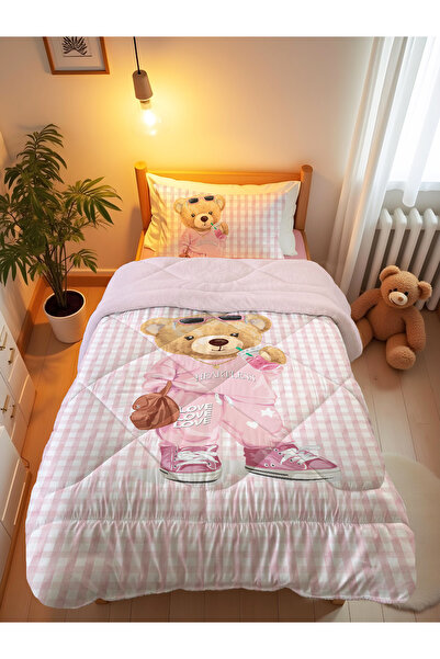 Evmila طقم لحاف ونوم ويلسوفت مزدوج الجوانب بنمط منقوش وردي وشكل دببة مقاس 160...