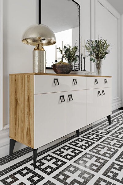 mapahomeliving Elara Konsol – 180 cm Aytaşı Ceviz,Metal Ayaklı 4 Kapaklı 2 Çe...