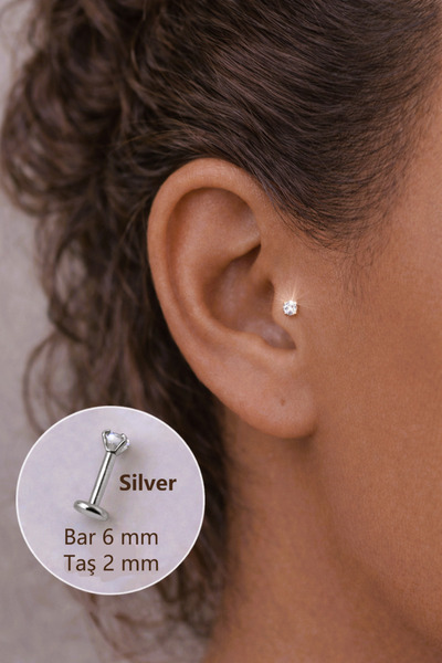 Sacce Scarves&Accessories 2 mm Tektaşlı 6 mm Çelik Piercing Gümüş Renkli