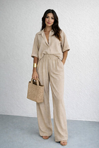 ÇEÇİM Costum de damă cu pantaloni cu aspect de in și guler tip cămașă NSA-58062