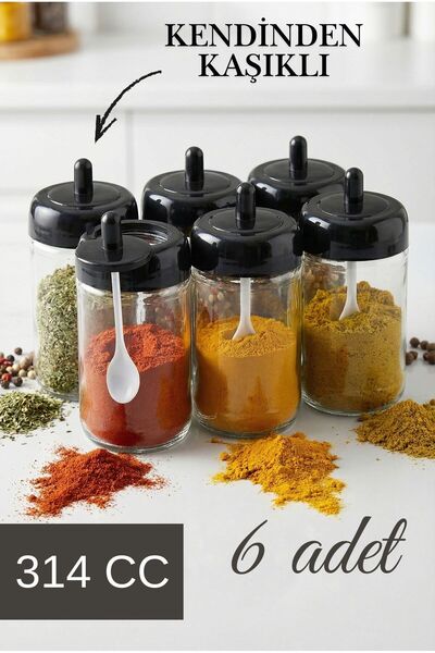 Tercih Home 6 Adet Kapağı Kendinden Kaşıklı Baharatlık Seti 314 ml Cam Bahara...