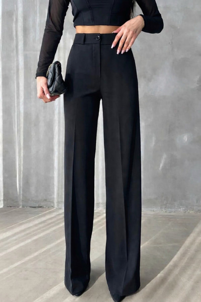 Heyya Kadın Yüksek Bel Bol Paça Siyah Kumaş Pantolon Kemersizdir