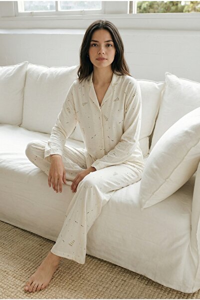 Espuar Women's Patterned Front Buttoned Bottom and Top Pajama Set 781