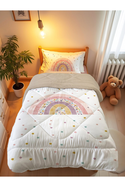 Evmila Gökkuşağı ve Kır Çiçeği Desenli Tek Kişilik 160x220 Cm Welsoft Çift Ta...