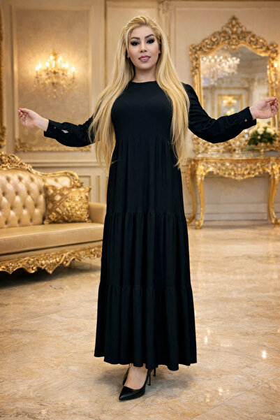 Yeşilmoda فستان نسائي بحجاب، فستان فيسكوز مرن، مطوي، كاجوال، صيفي، أسود، أكما...