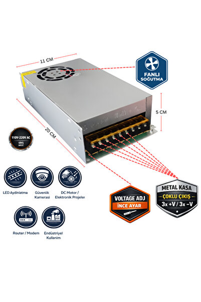 VOREX Peace B2883 12V 30A Fanlı Kalın Metal Kasa Adaptör | 360W DC Trafo