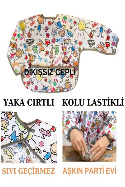 Aşkın Parti Evi 6-24ay Family,Su Geçirmez,Cepli,Makinede Yıkanabilir,Cırtlı, Uzun Kollu dikişsiz Bebek Mama Önlüğü