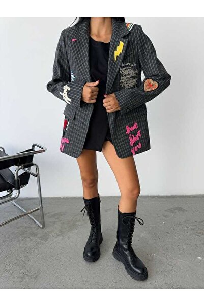 NEW JOURNAL Jachetă blazer cu model în dungi multicolore pentru femei, brodat...