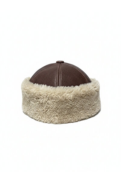 okcubaba OKCUBABA مصنوع يدويًا من الجلد الطبيعي والفراء البني - غطاء رأس تقلي...
