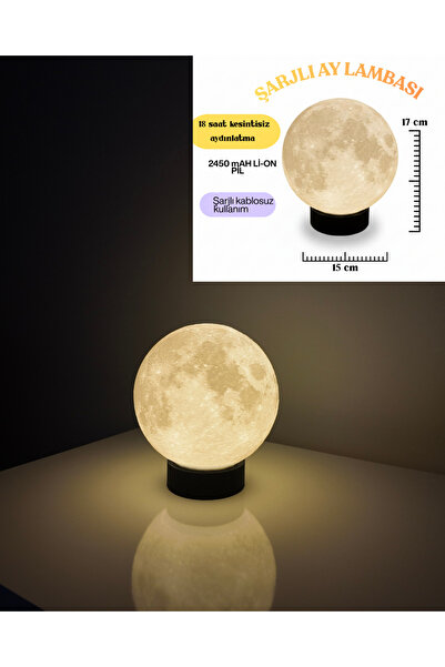 3DcraftTr Şarjlı Ay Lambası 17cm - 2450 mAh Ultra Güçlü Batarya Kesintisiz Ay...