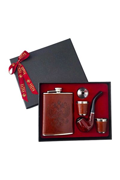 velve Set pentru barbati VLV, 5 piese, plosca, pipa, 2 pahare si palnie, Maro