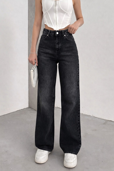 Gussi Γυναικείο μαύρο τζιν παλάτσο με ψηλόμεσο σχέδιο και φινίρισμα σε μαύρο ...