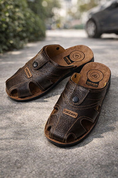 GEZER Erkek Ortopedik Önü Kapalı Deri Sandalet Terlik