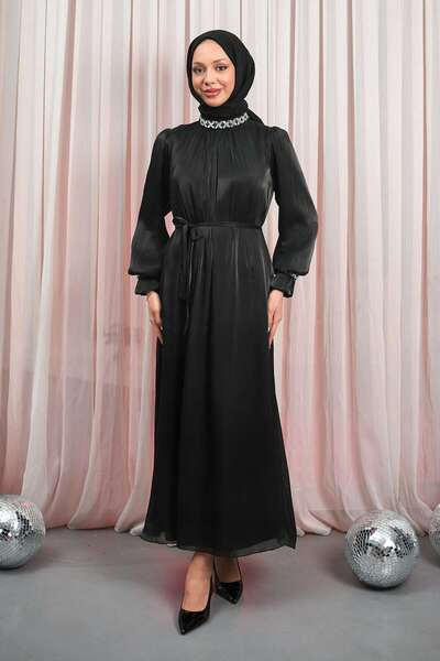 İmajButik Siyah Kol Yaka Taşlı Abiye